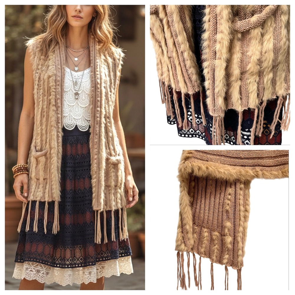 Sisters Genuine Rabbit‎ Fur Knit Vest Tan Boho Lagenlook Fringe Grandmacore Sz M